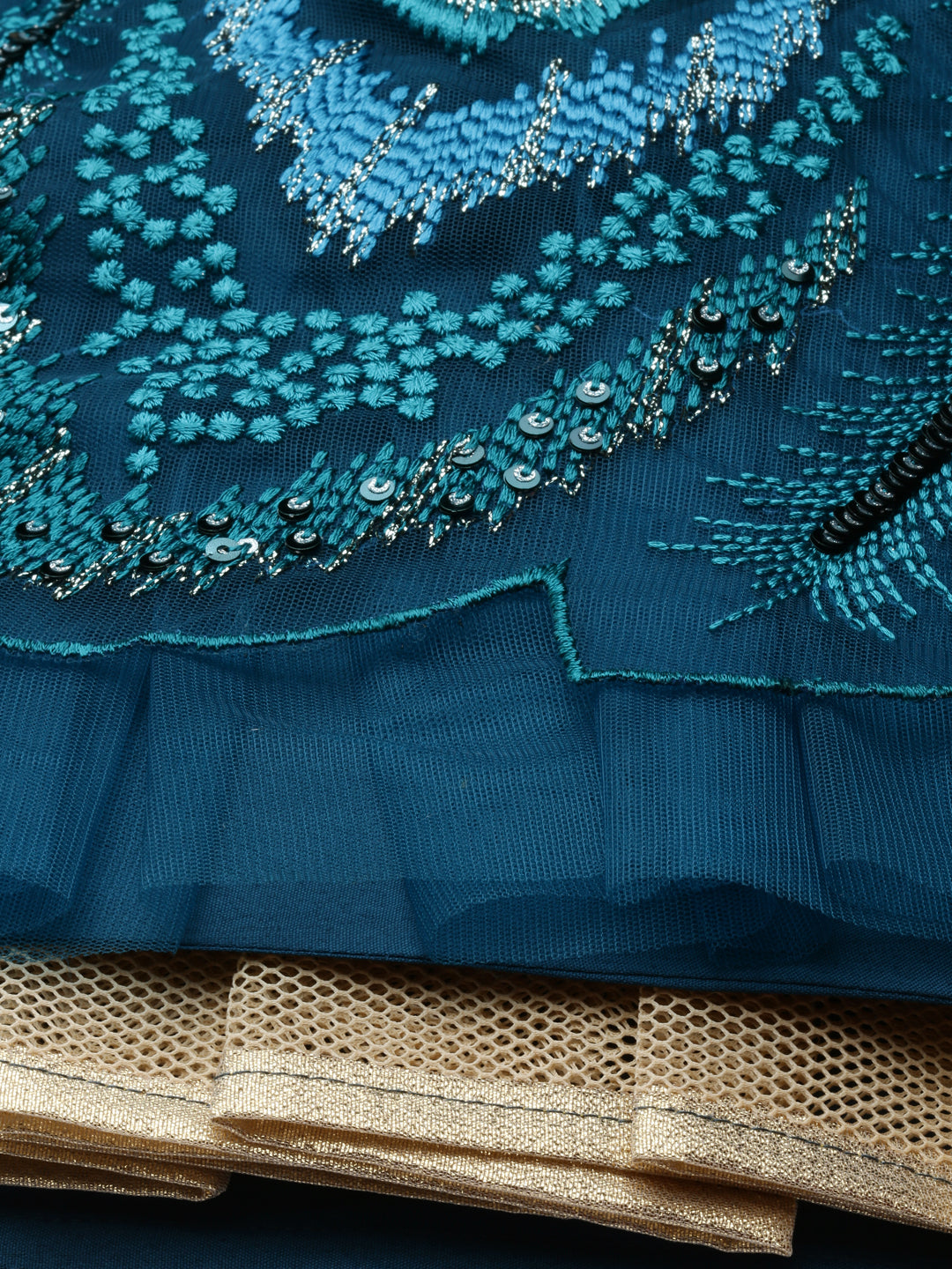 Women Teal Net Embroidered Sequins Semi-Stitched Lehenga & Unstitched Blouse with Dupatta