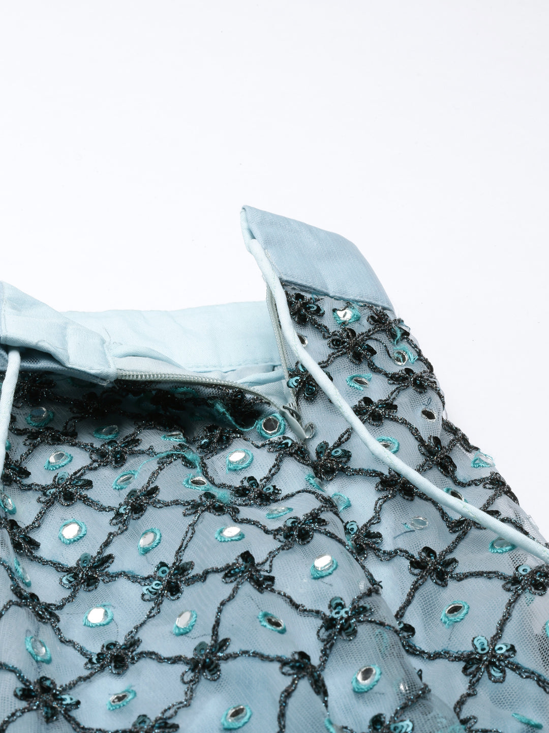 Women Teal Net Embroidered Sequins Semi-Stitched Lehenga & Unstitched Blouse with Dupatta
