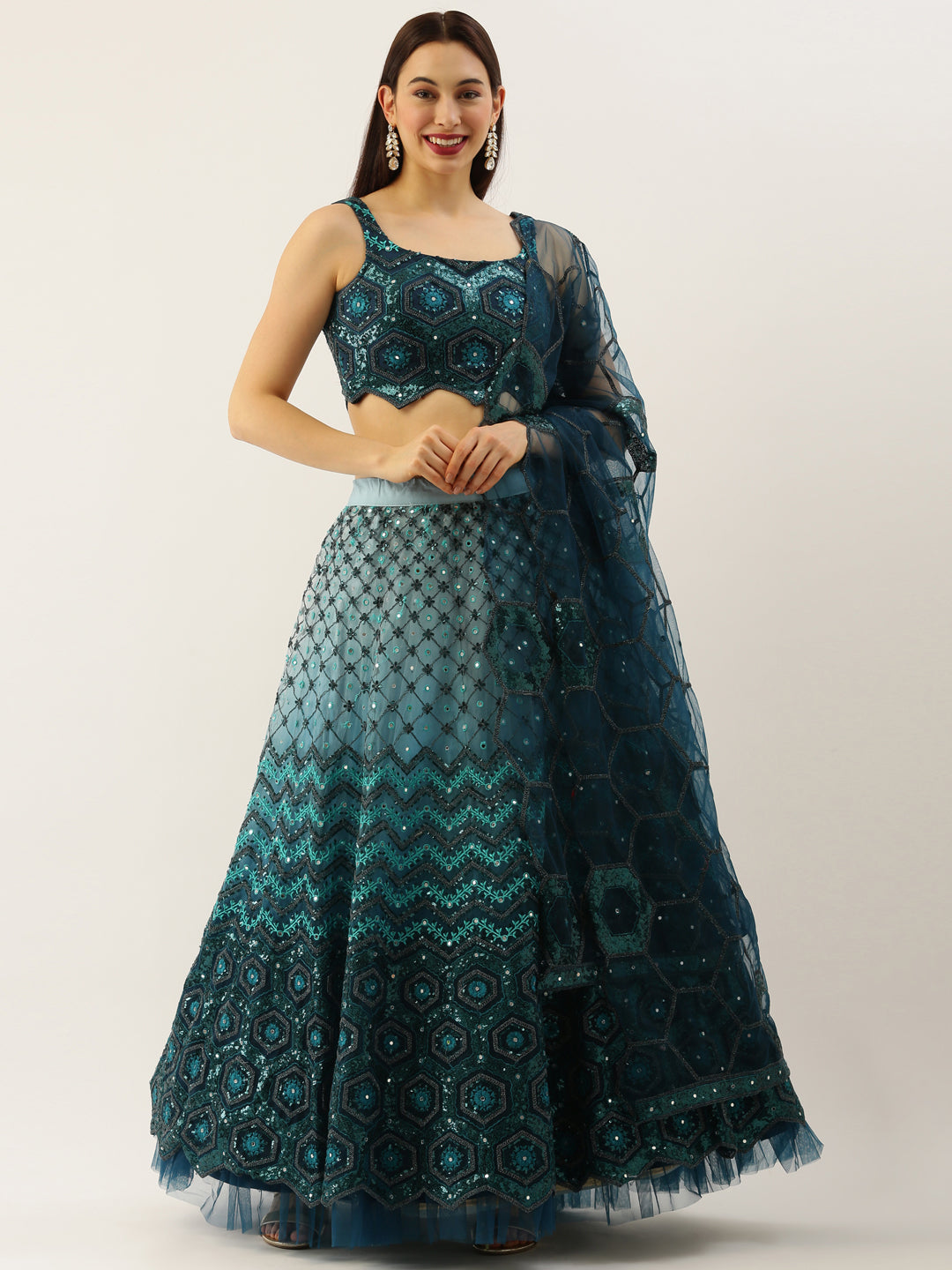 Women Teal Net Embroidered Sequins Semi-Stitched Lehenga & Unstitched Blouse with Dupatta