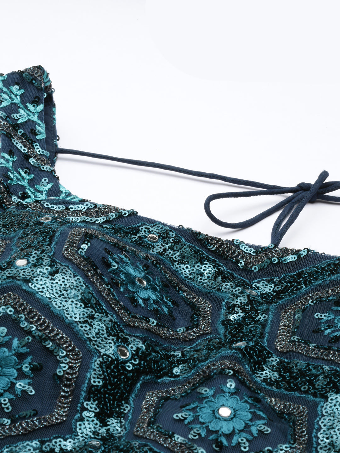 Women Teal Net Embroidered Sequins Semi-Stitched Lehenga & Unstitched Blouse with Dupatta