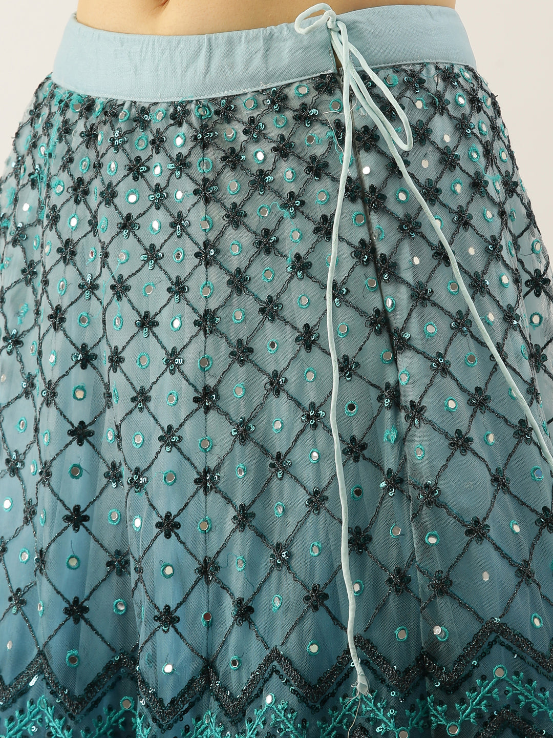 Women Teal Net Embroidered Sequins Semi-Stitched Lehenga & Unstitched Blouse with Dupatta