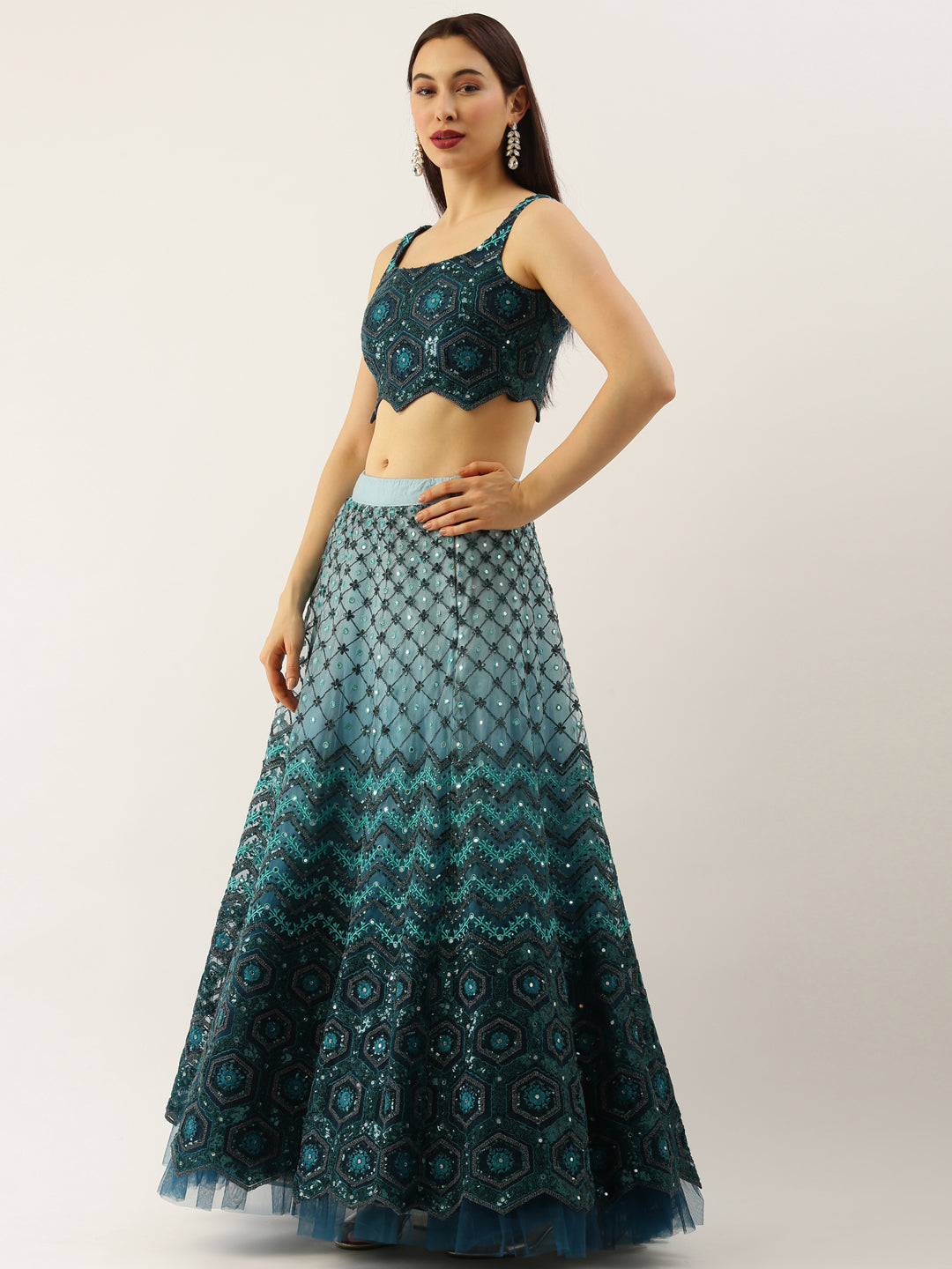 Women Teal Net Embroidered Sequins Semi-Stitched Lehenga & Unstitched Blouse with Dupatta