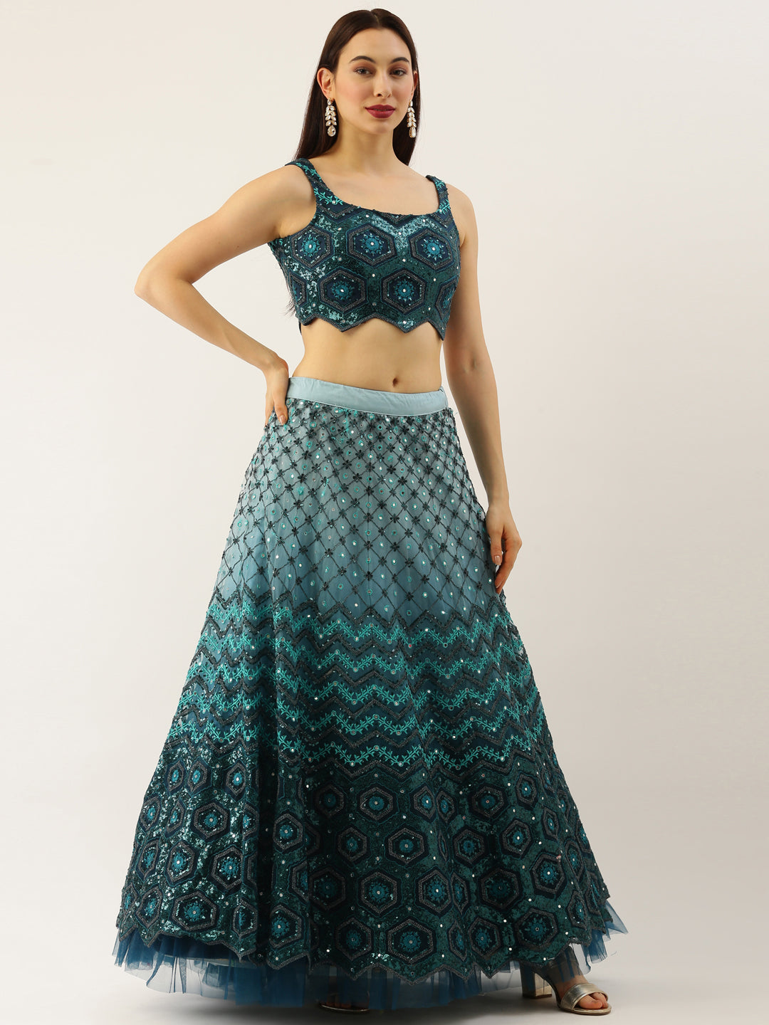 Women Teal Net Embroidered Sequins Semi-Stitched Lehenga & Unstitched Blouse with Dupatta
