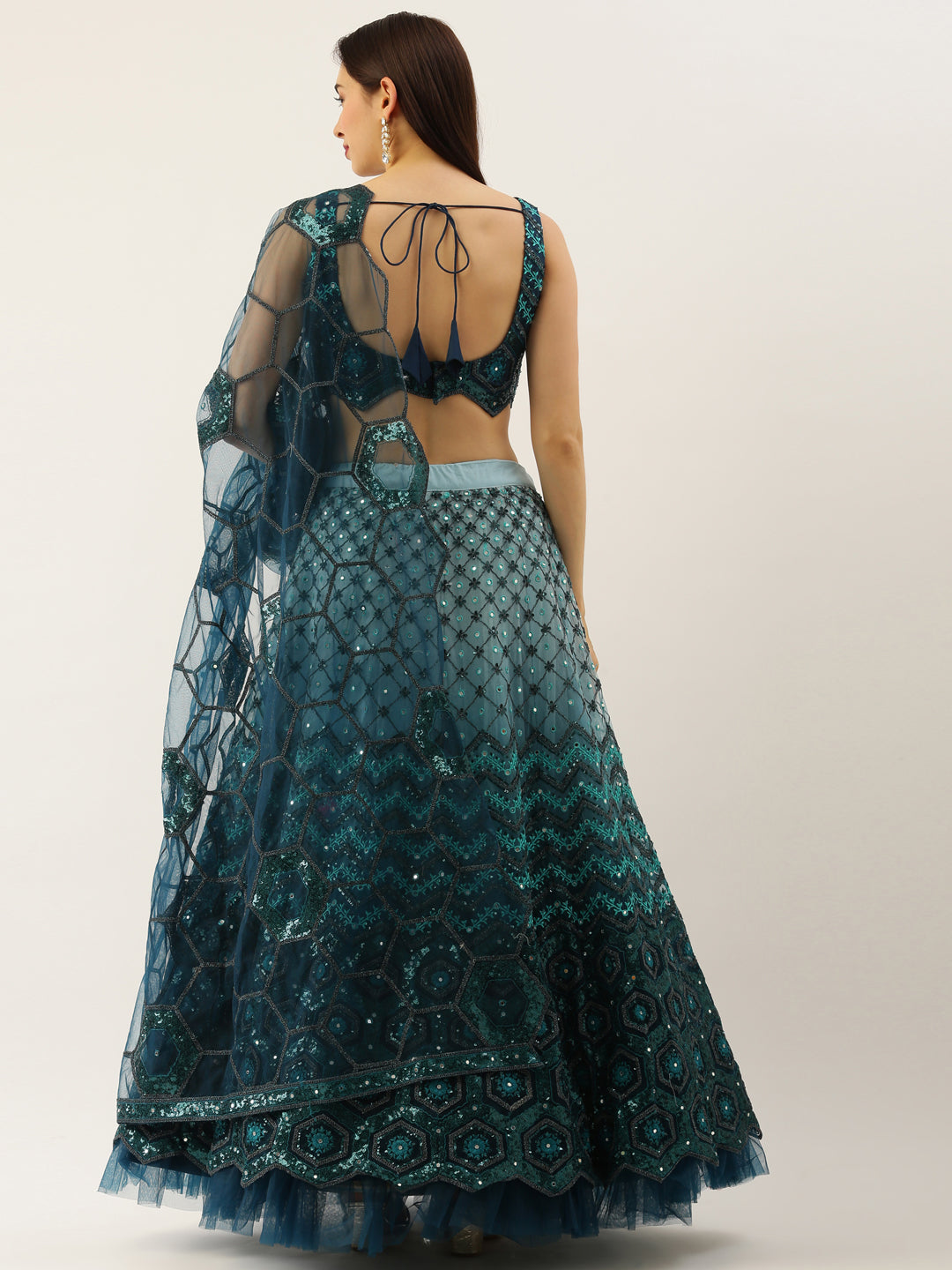 Women Teal Net Embroidered Sequins Semi-Stitched Lehenga & Unstitched Blouse with Dupatta