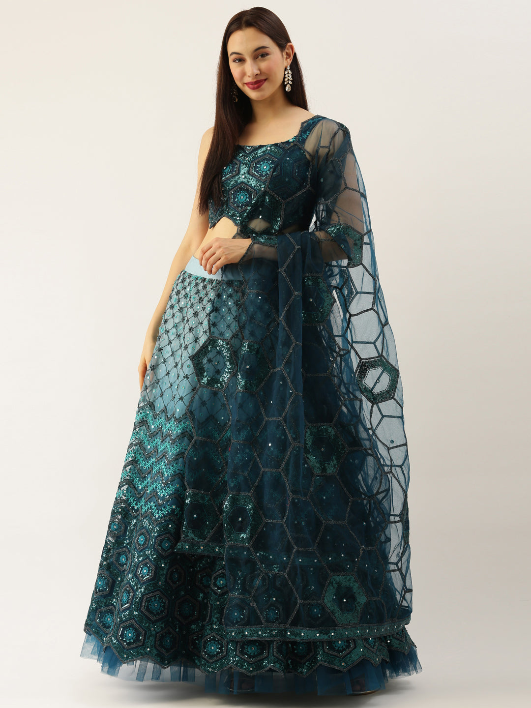 Women Teal Net Embroidered Sequins Semi-Stitched Lehenga & Unstitched Blouse with Dupatta