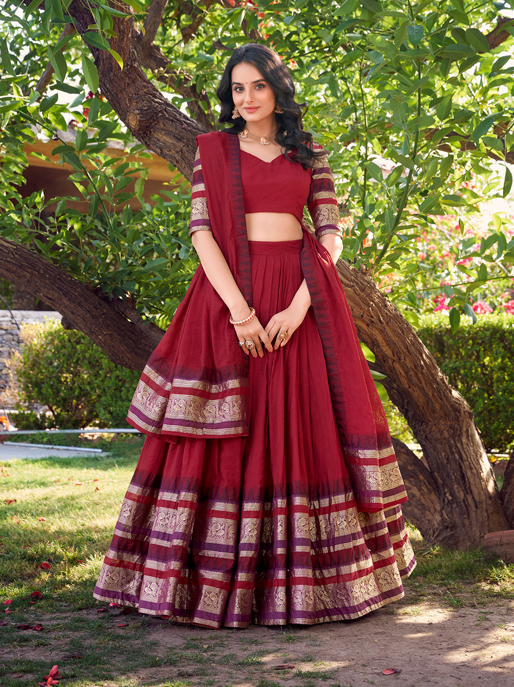 Bridal red chanderi lehenga choli with zari woven border matching dupatta