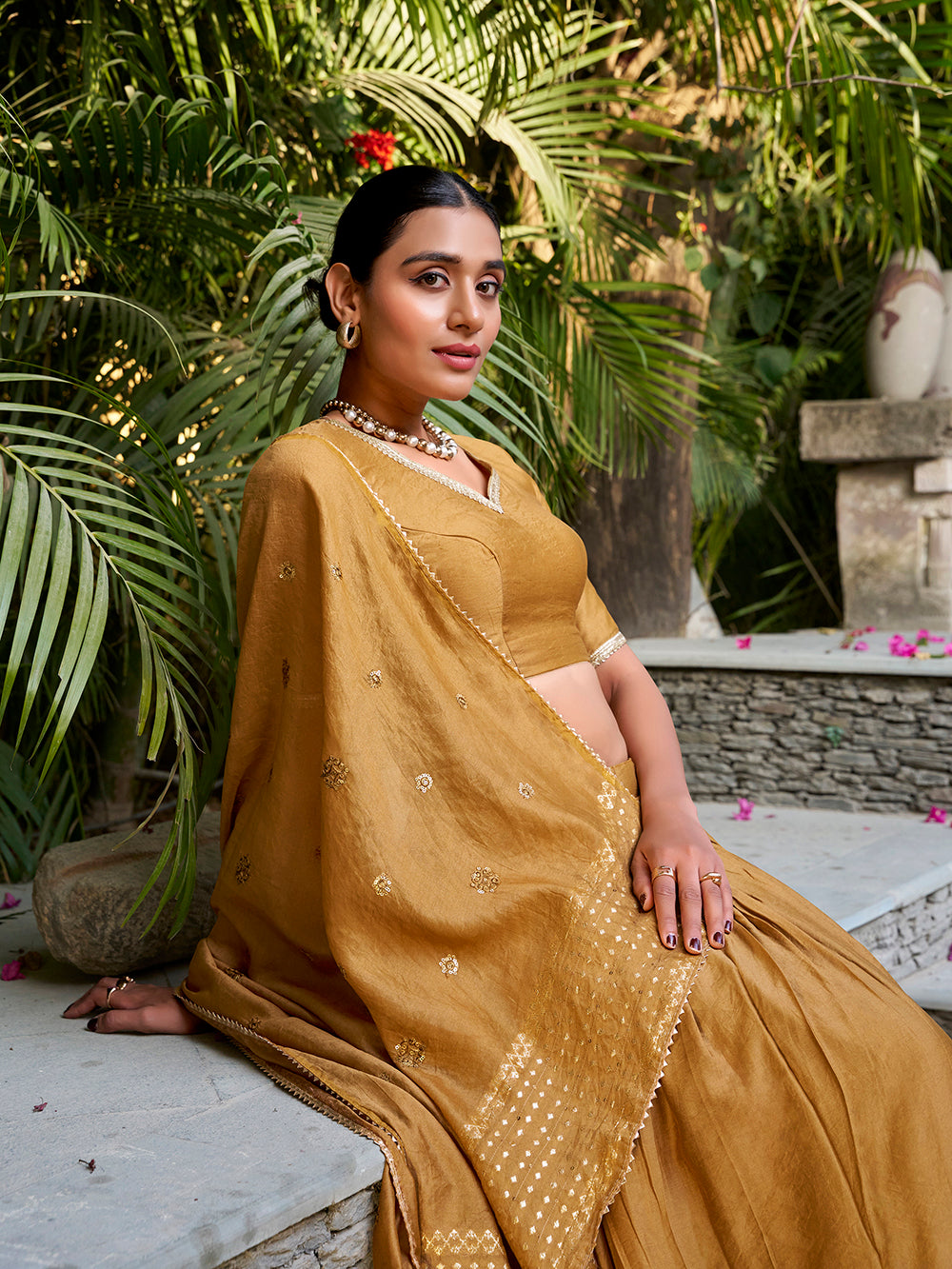 Mustard chanderi silk lehenga choli with timeless weave matching dupatta