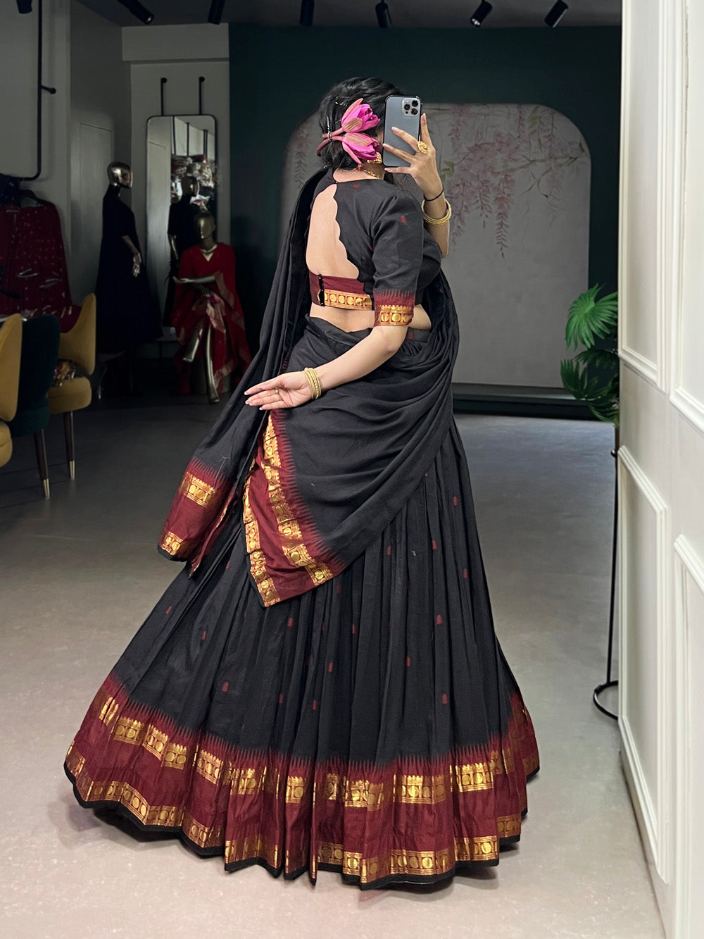Black chanderi lehenga choli with zari weaving border 4 meter flair