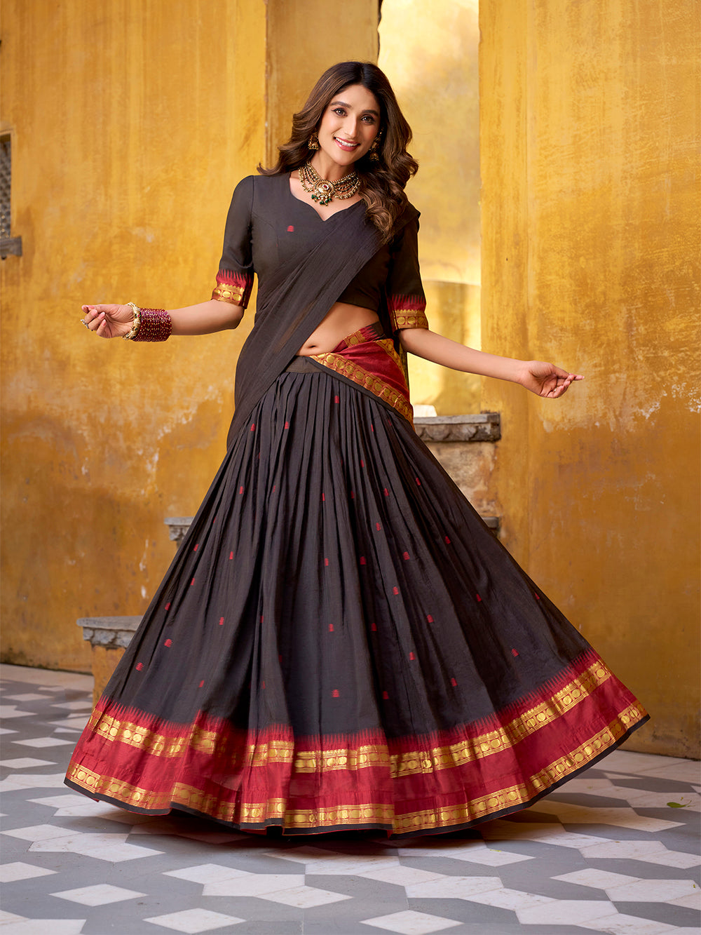 Black color zari weaving work chanderi lehenga choli