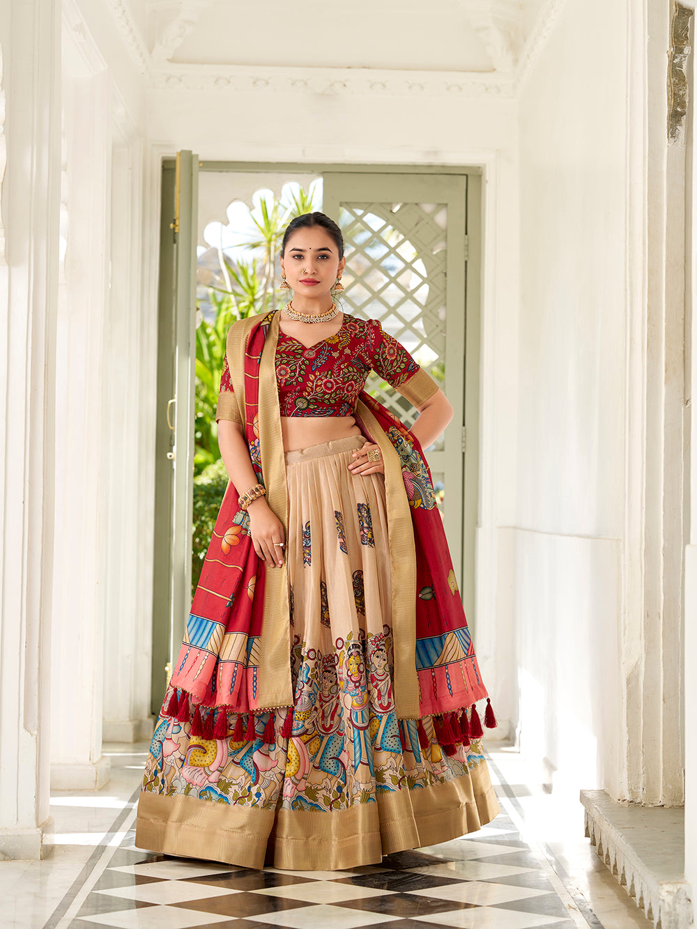 Cream dola silk kalamkari print lehenga with maroon dupatta unstitched blouse