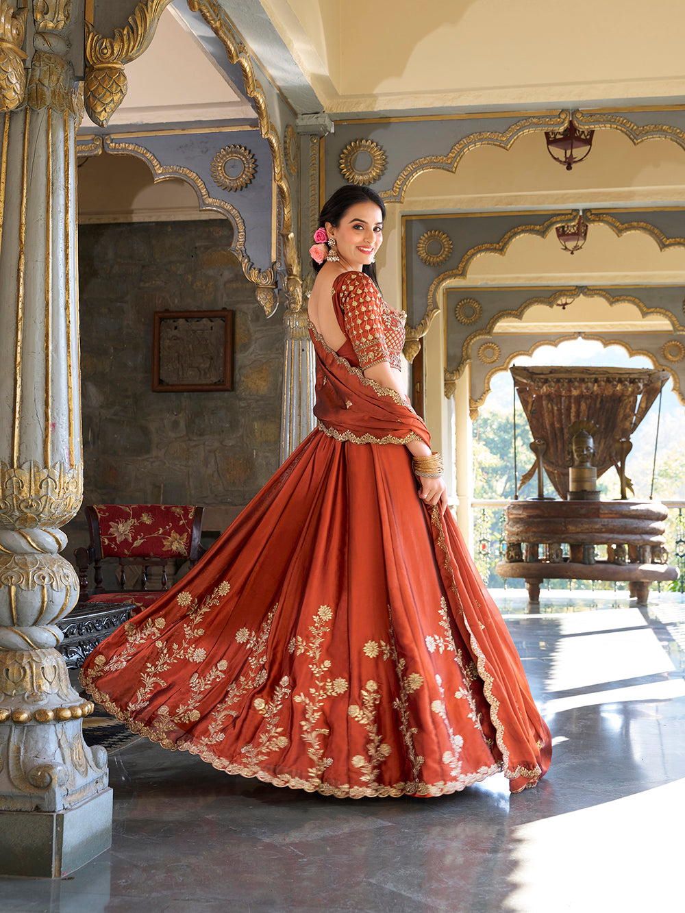 Rust orange color sequins and thread embroidery work rangoli silk lehenga choli