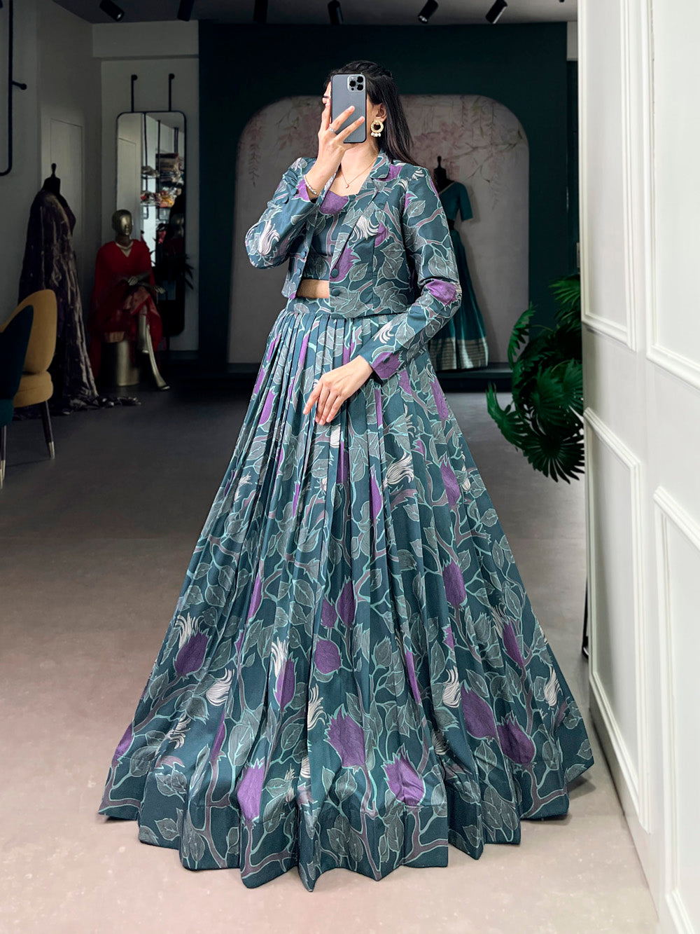 Teal blue color tasar silk co ord set