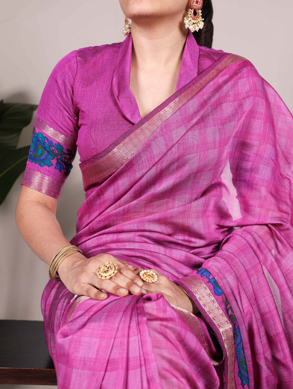 Pink printed polyester viscose chanderi saree with zari weaving border