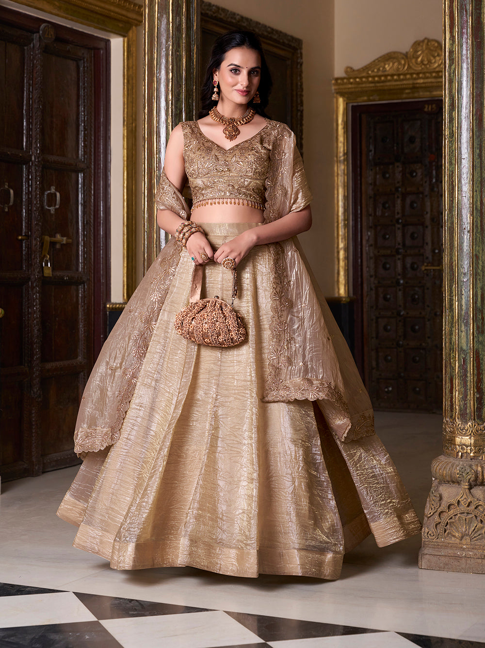 Chiku gold crush lehenga choli with sequins embroidery matching dupatta