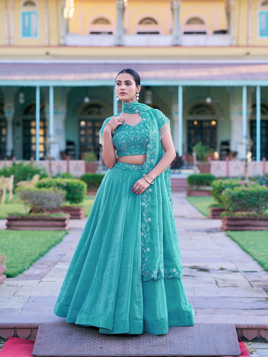 Sky blue color gold coin embroidery lehenga choli