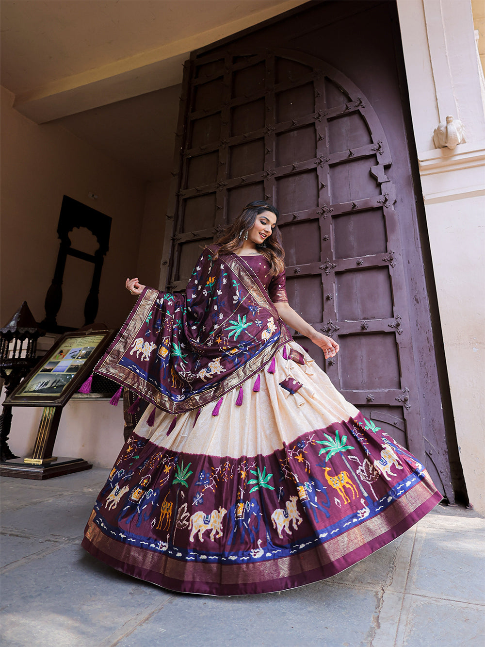 Wine Color Printed With Foil Work Dola Silk Lehenga Choli
