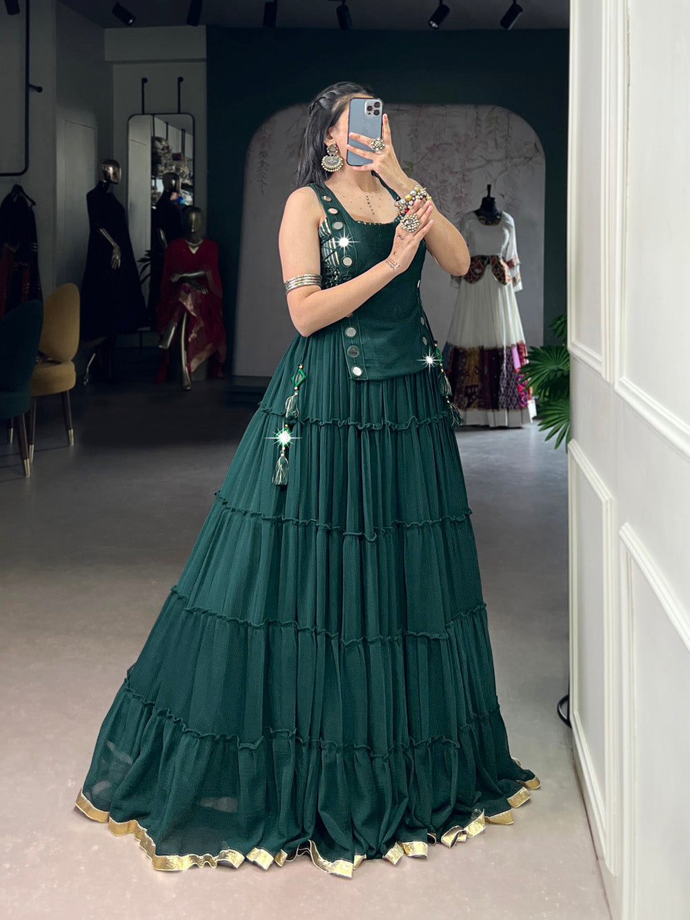 Green color embossed design lace border marbel chaniya choli