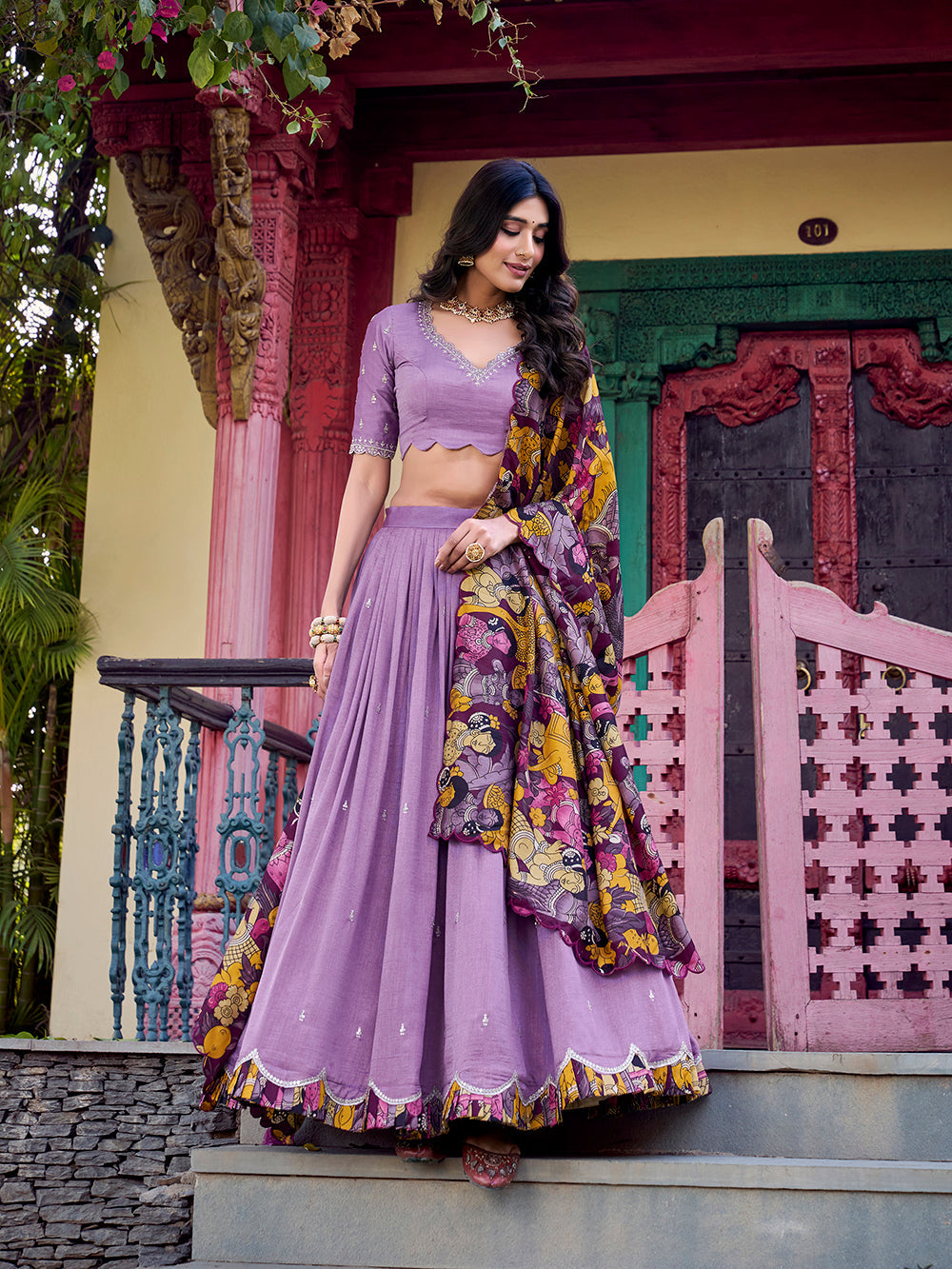 Lavender vichitra silk lehenga choli with kalamkari scallop border tussar silk dupatta