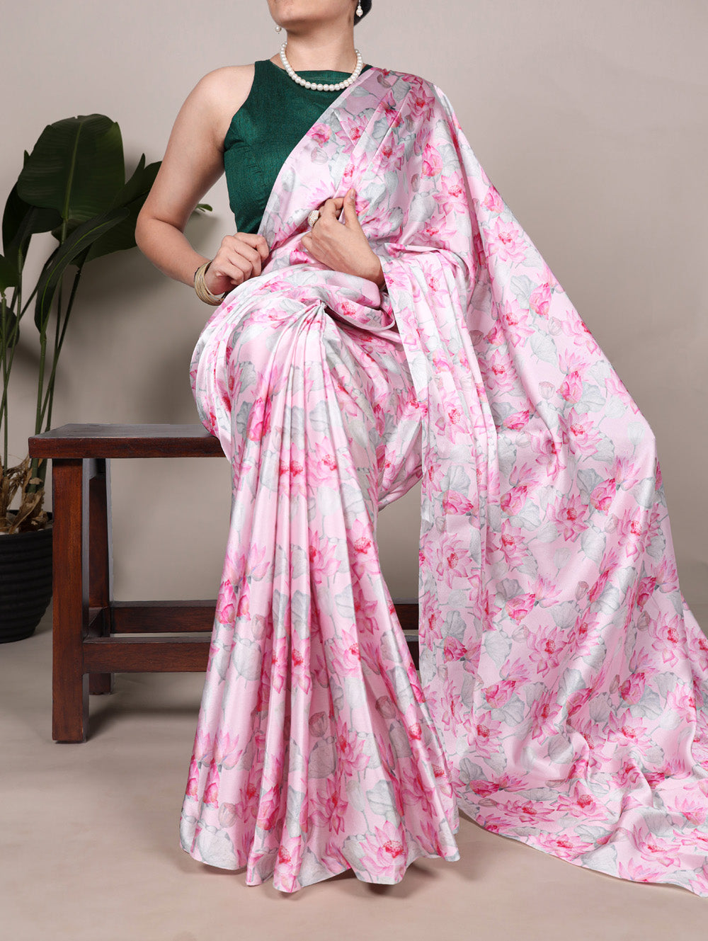 Light pink satin silk floral printed saree with mono benglory green blouse fabric