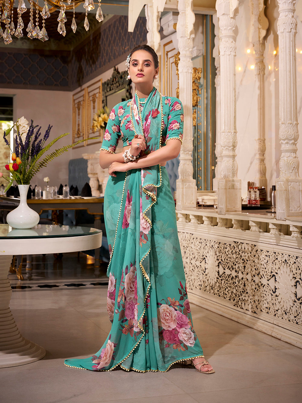 Green georgette printed saree with pearl lace border