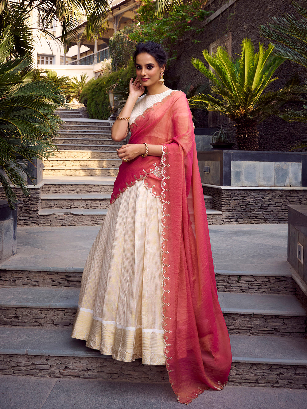 Off white jacquard silk south indian lehenga choli with golden zari weave embroidered dupatta
