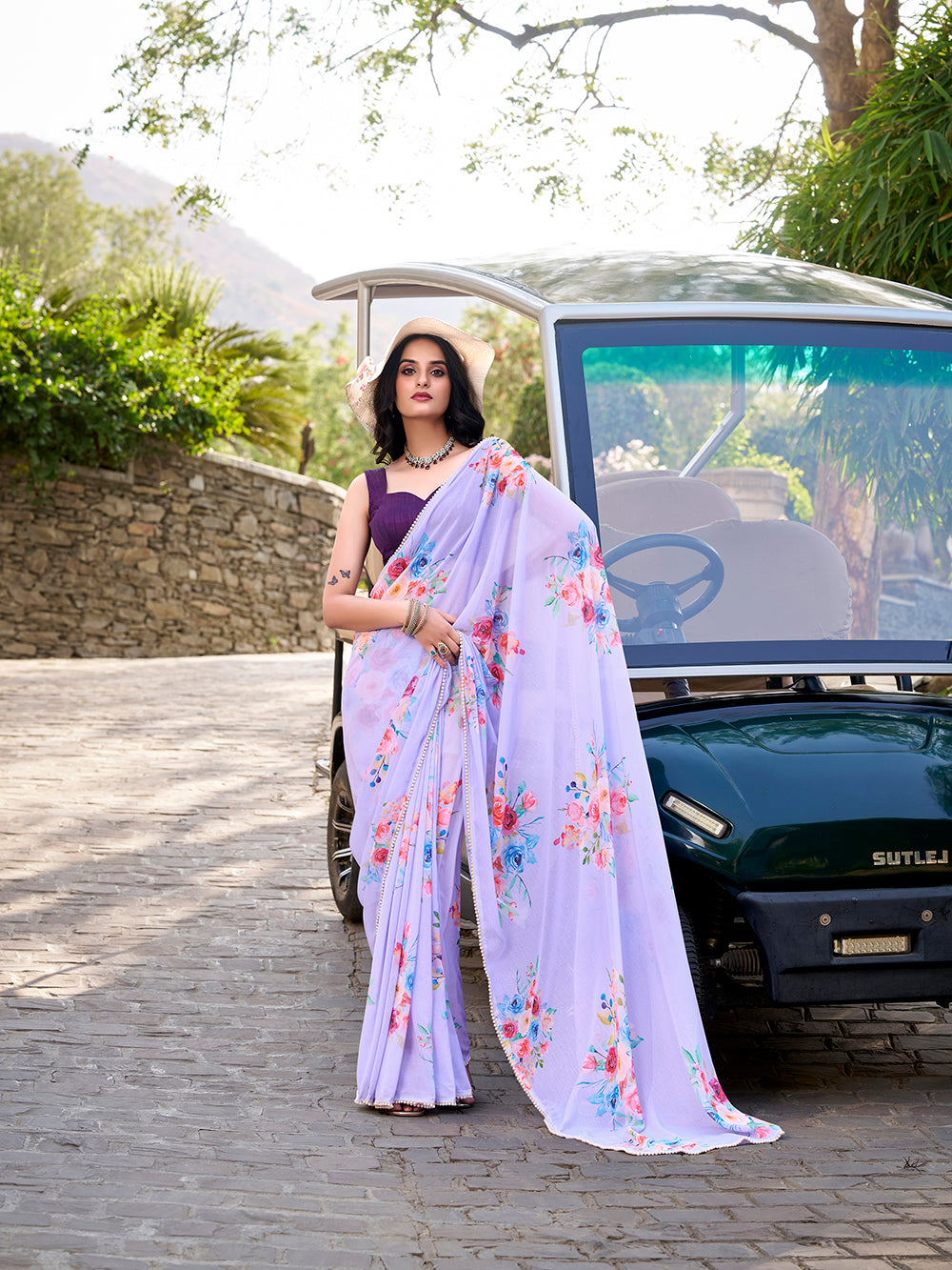 Lavender floral printed weightless marbal saree with pearl lace border