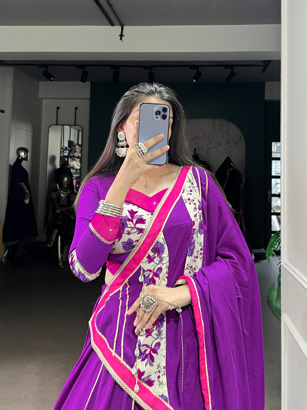 Purple rayon floral print lehenga choli with original mirror hand work printed dupatta