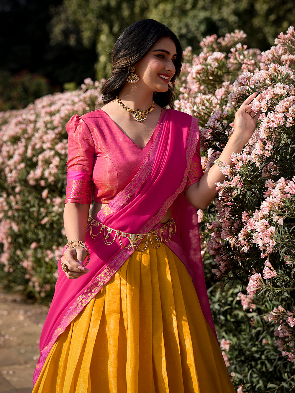 Mustard kanchipuram silk lehenga choli with zari weaving matching dupatta