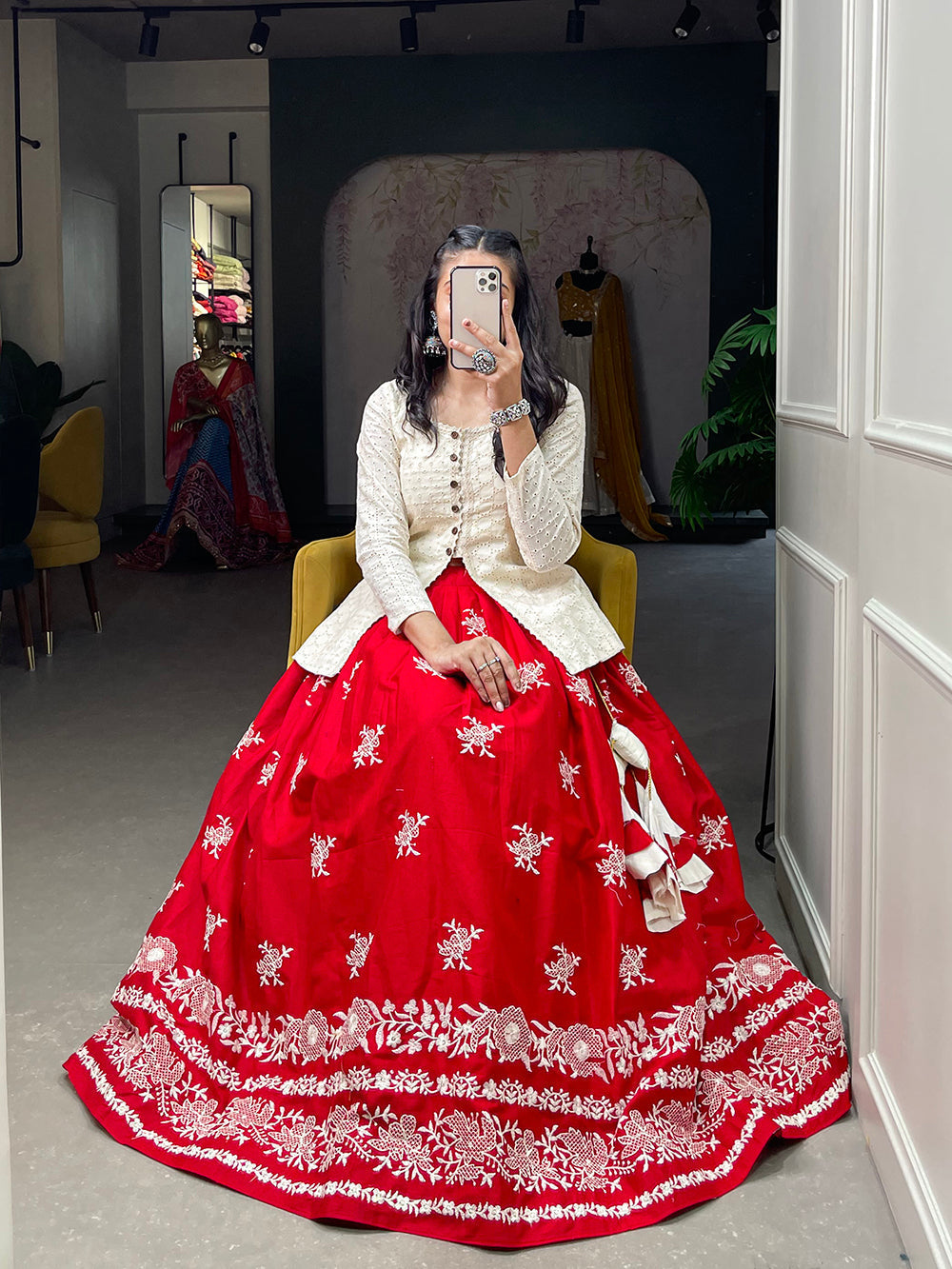Red Color Sequins And Lucknowi Work Cotton Co-Ord Set Lehenga Choli