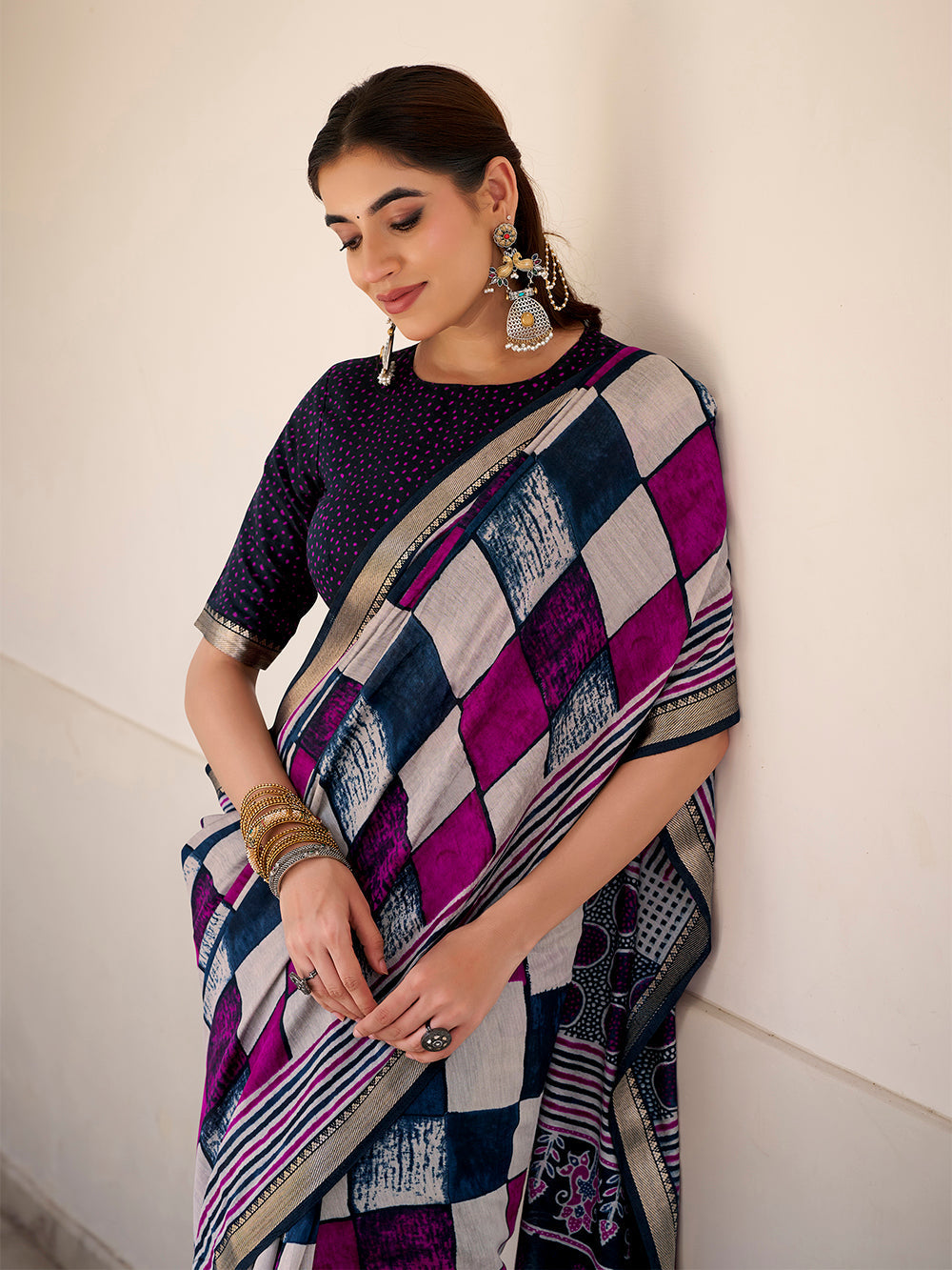Navy blue viscose chanderi check print saree with temple lace border blouse piece