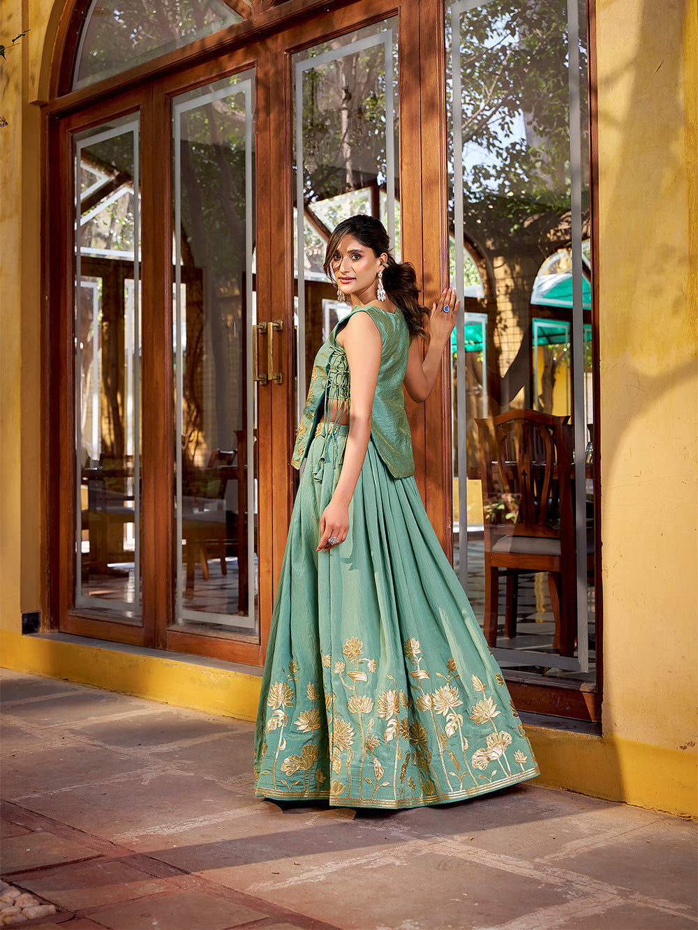 Sky blue shimmer lehenga choli with thread embroidery foil work