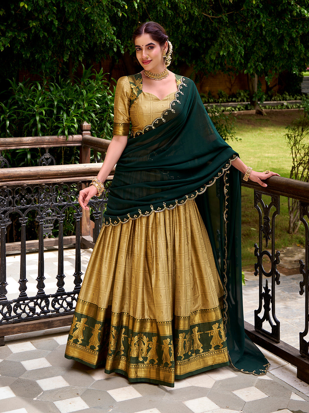 Cream poly cotton lehenga choli with zari weaving embroidered georgette dupatta