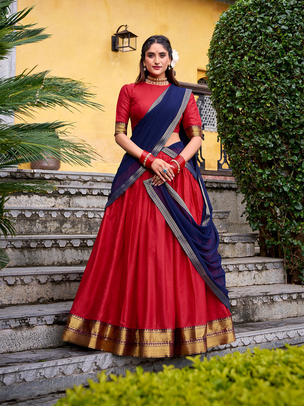 Red color zari weaving work poly cotton lehenga choli