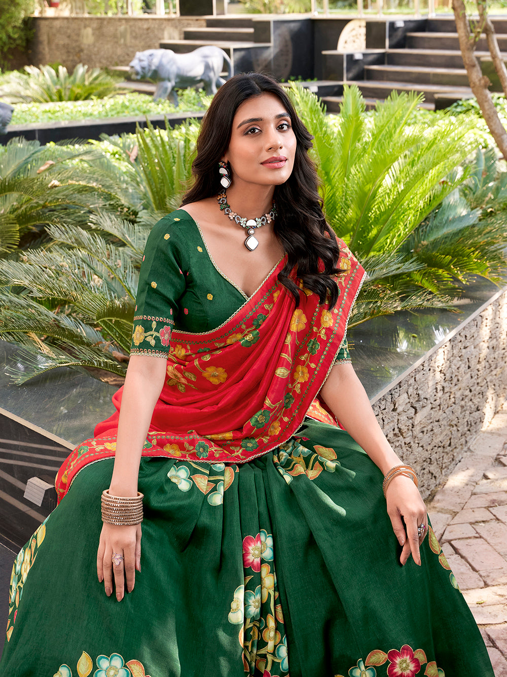 Emerald green tussar silk lehenga choli with foil print lace accents matching dupatta