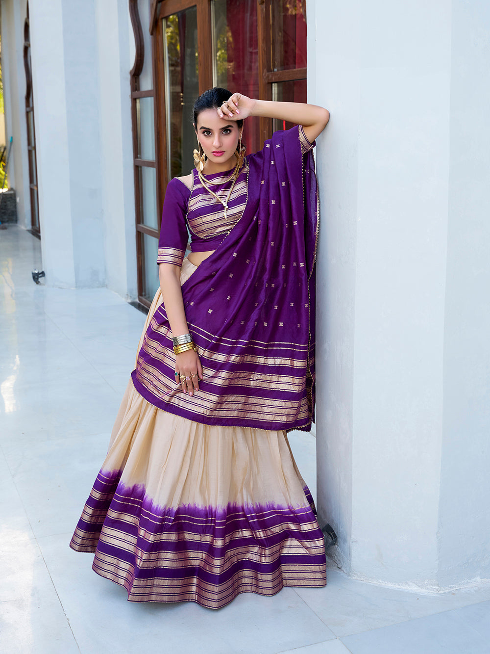 Cream color plain with zari weaving work border pure chanderi lehenga choli