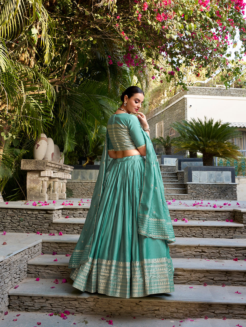 Sea green chanderi silk lehenga choli with zari weaving matching dupatta