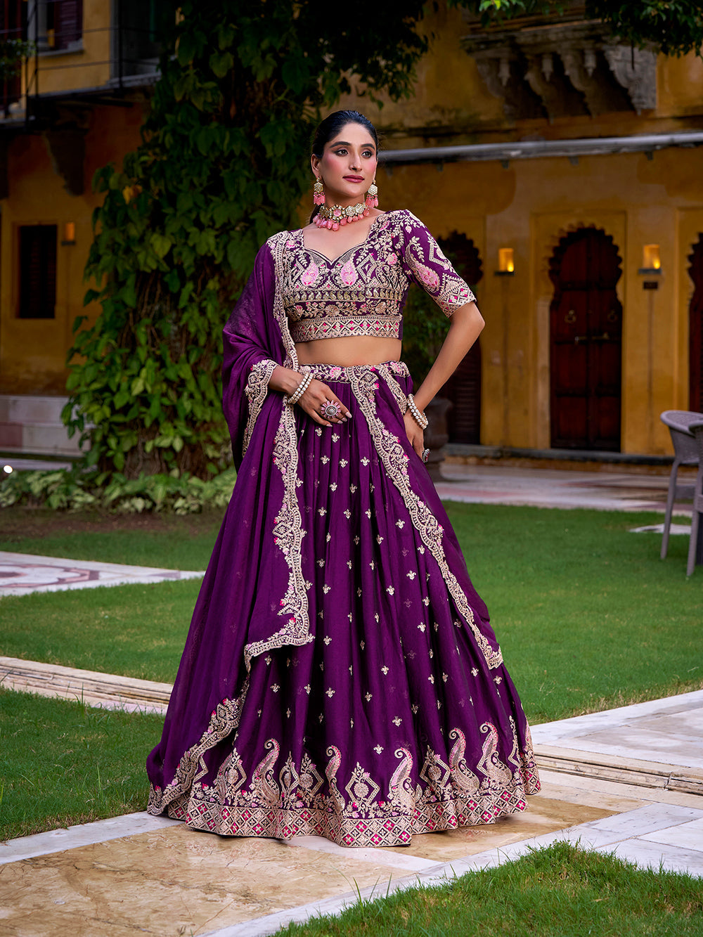 Purple rangoli crush wedding lehenga choli with sequins thread embroidery
