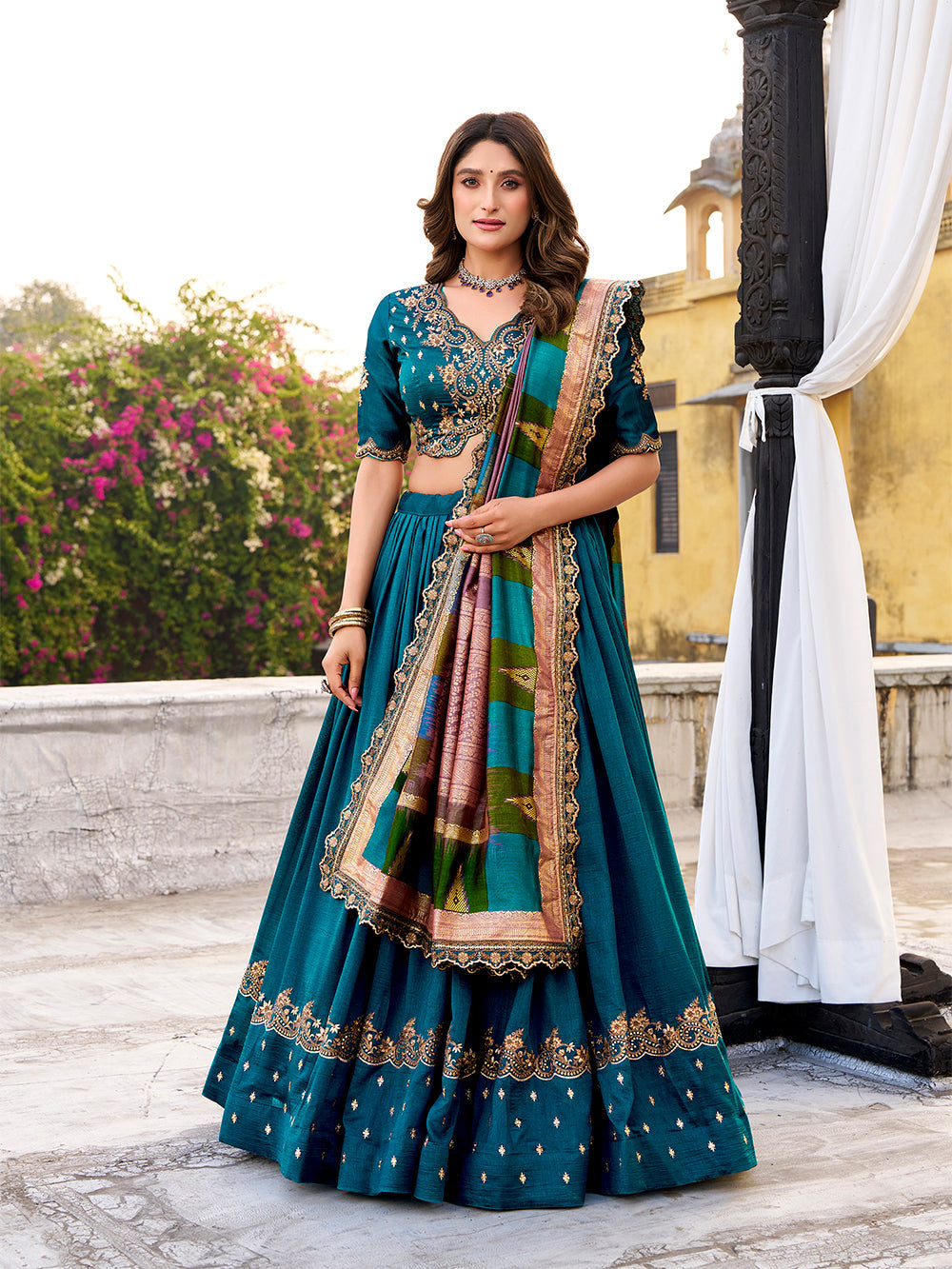 Firozi wedding wear vichitra silk lehenga choli with sequins thread embroidery