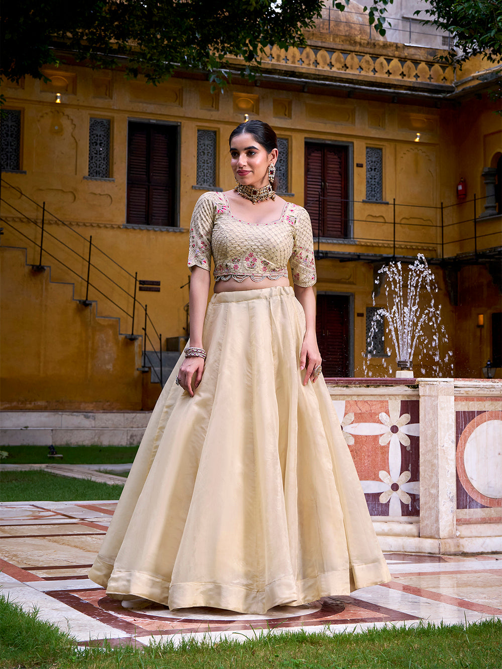 Cream raspberry lehenga choli with sequins thread embroidery 1m blouse material