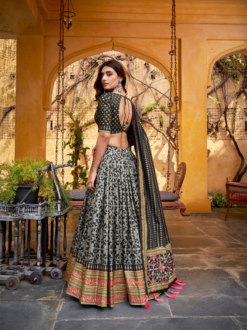 Black color tasar silk lehenga