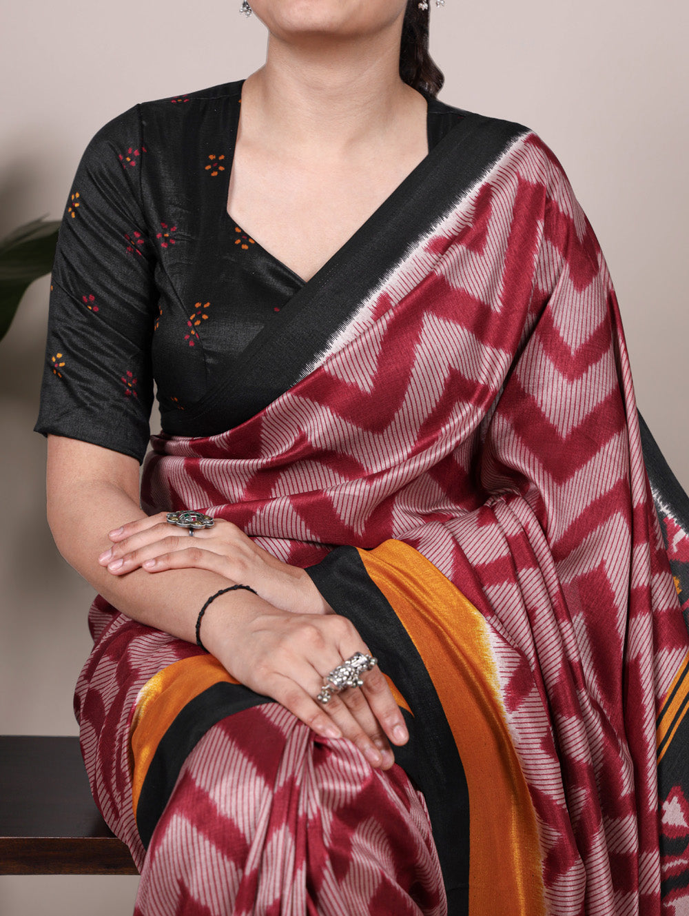 Maroon printed tassar silk saree with matching blouse