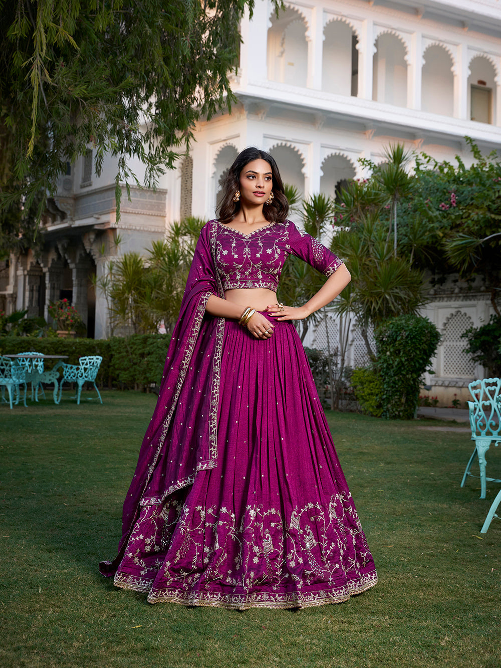 Wine color sequins and thread embroidery work vichitra silk lehenga choli
