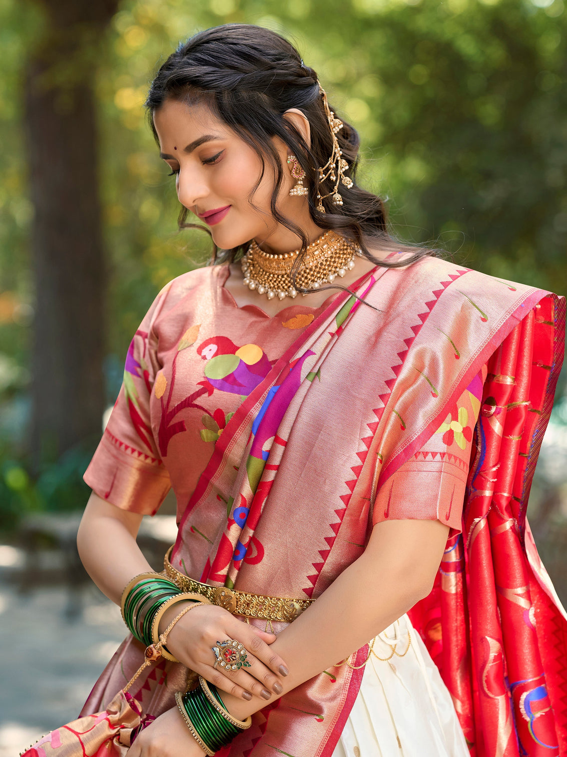 White color weaving zari work jacquard silk lehenga choli