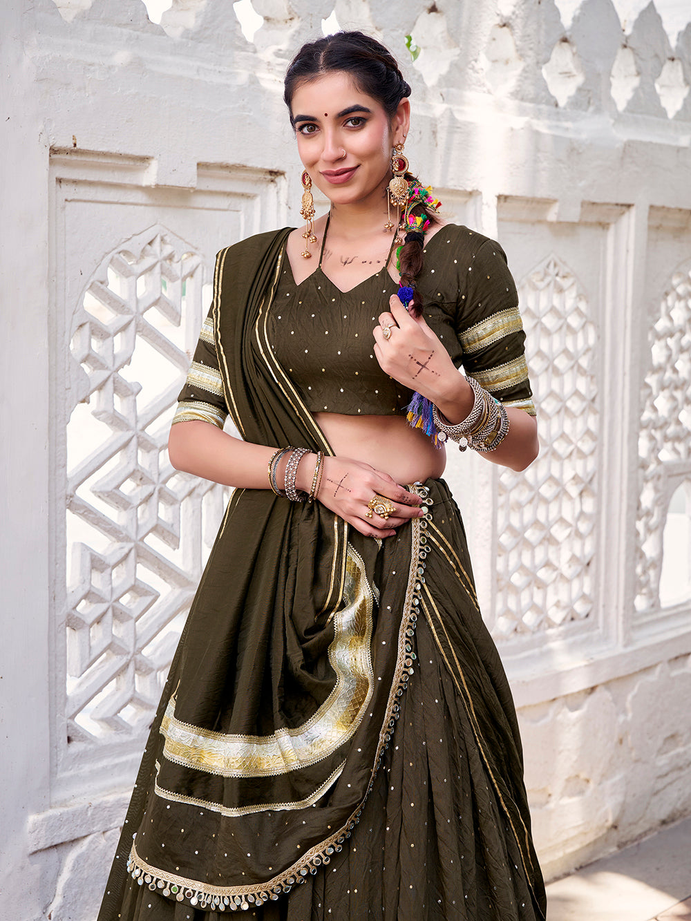 Mehendi chanderi zari weaving lehenga choli with embossed lace dupatta