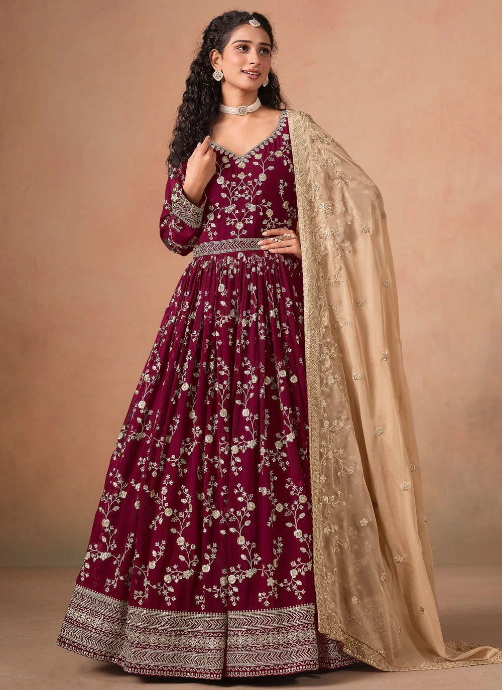 Elegant burgundy faux georgette embroidered floor length anarkali suit with organza dupatta