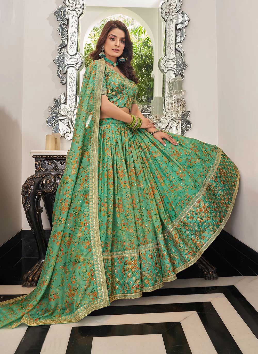 Womens organza pista color indian wedding lehenga
