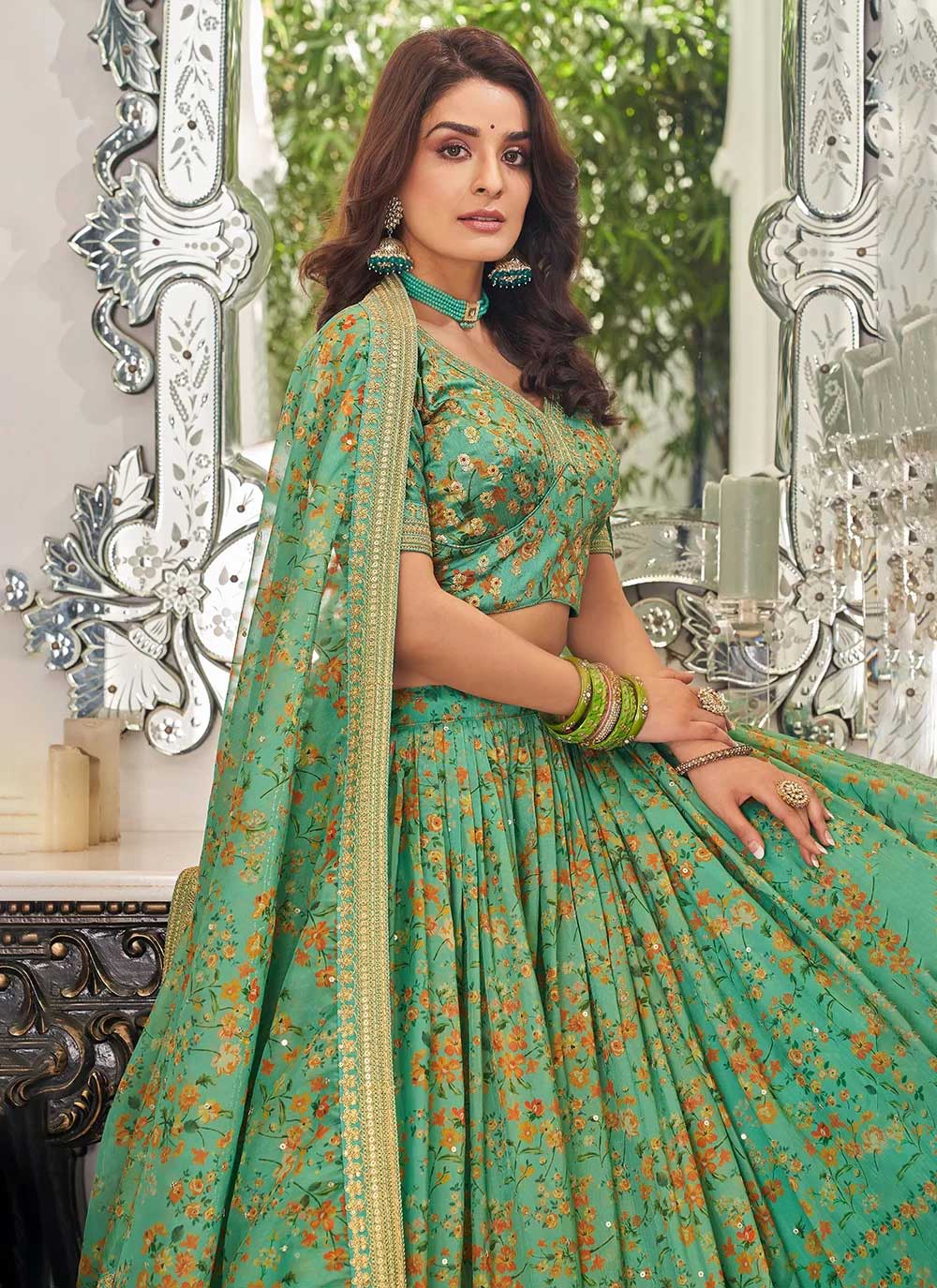 Womens organza pista color indian wedding lehenga