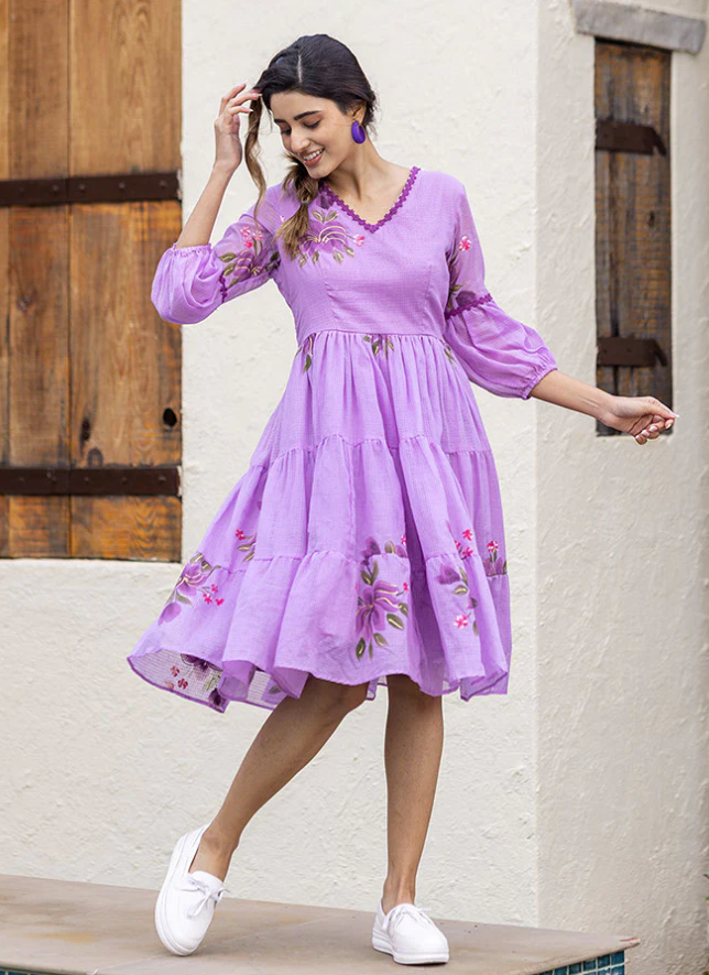 Women's Purple Digital Print Kota Kurti with Full Round Flair