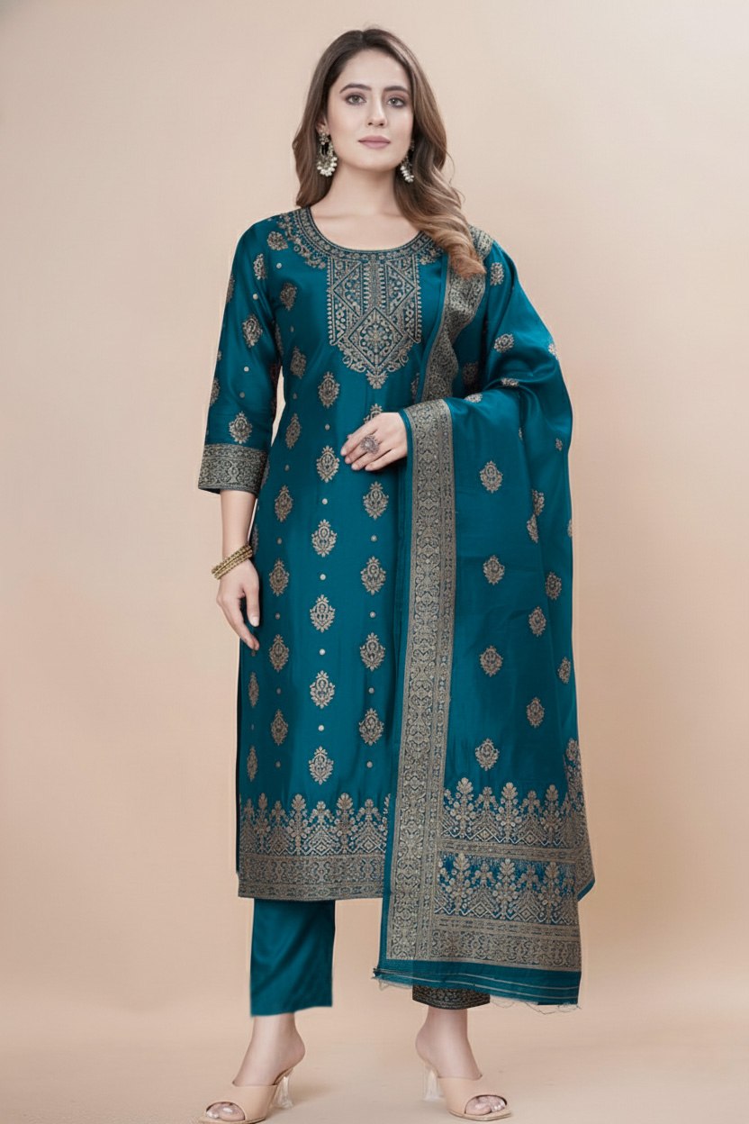 Women's Silk Zari Weaving Kurta Pant Set