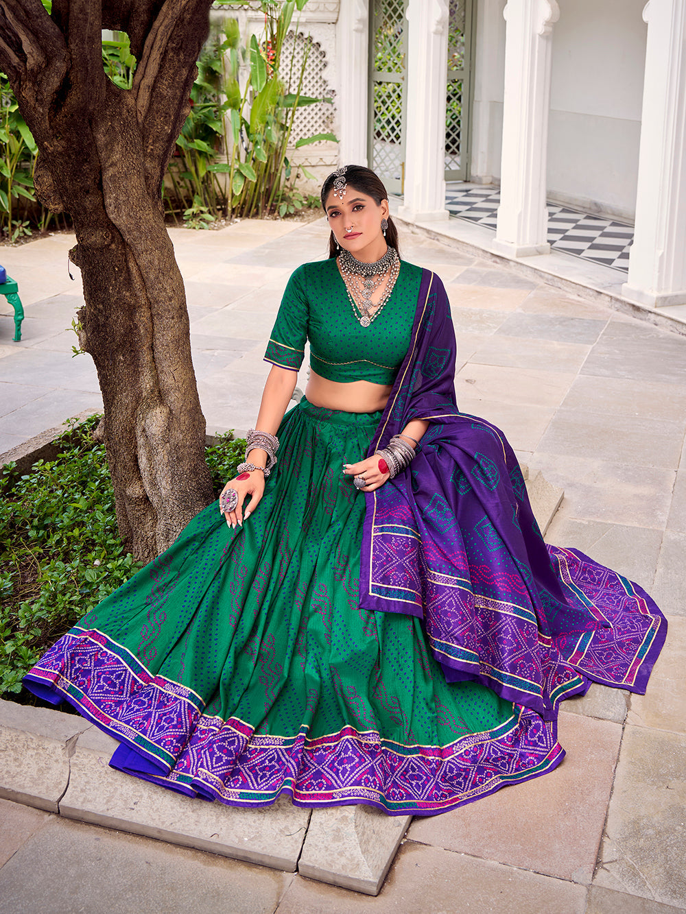 Green tasar silk bandhej print lehenga choli with gotta patti lace 4 meter flair